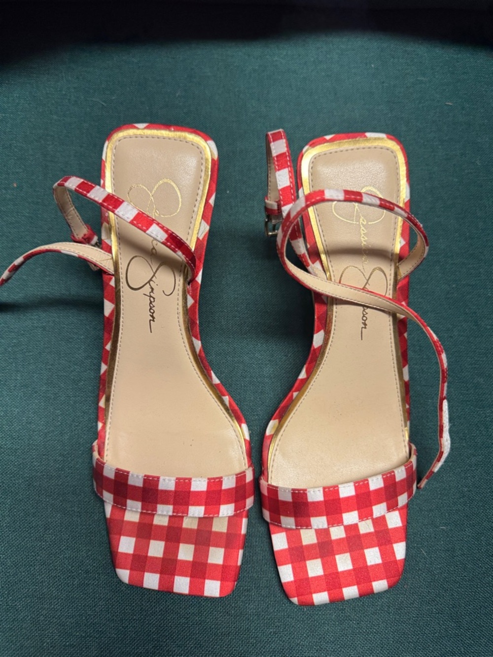 Jessica Simpson Red and White Gingham Ankle-Strap Heels